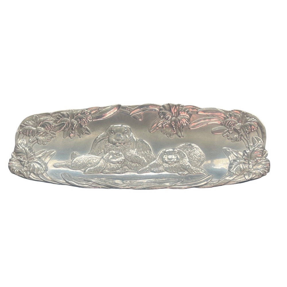 Vintage Arthur Court Rabbit  Aluminum Serving Tray 1994‎ Floral Bunny Dish